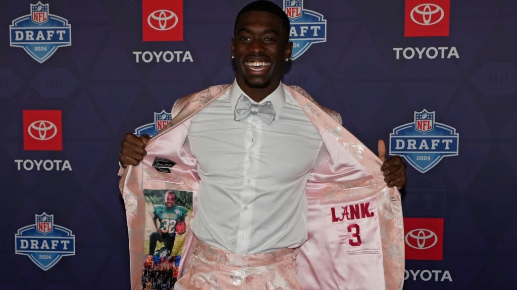 Alabama cornerback Terrion Arnold has fun on the red carpet before of the first round of the 2024 NFL football draft, Thursday in Detroit. (Photo: Carlos Osorio/AP)