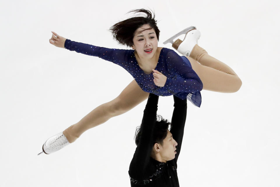 Wenjing Sui and Han Cong, of China, perform during the pairs free skate competition at the Four Continents Figure Skating Championships on Saturday, Feb. 9, 2019, in Anaheim, Calif. (AP Photo/Chris Carlson)