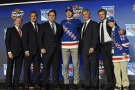 June 23, 2017; Chicago, IL, USA; Filip Chytil poses for photos after being selected as the number twenty-one overall pick to the New York Rangers in the first round of the 2017 NHL Draft at the United Center. Mandatory Credit: David Banks-USA TODAY Sports