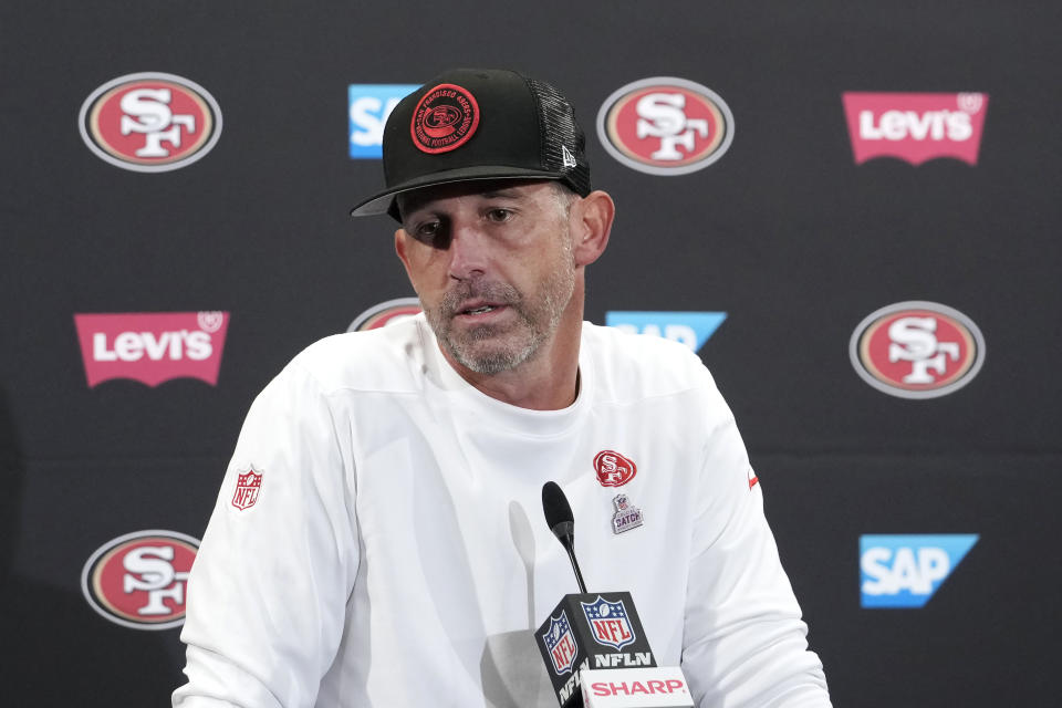 San Francisco 49ers head coach Kyle Shanahan speaks to reporters after an NFL football game against the Dallas Cowboys in Santa Clara, Calif., Sunday, Oct. 8, 2023. (AP Photo/Godofredo A. Vásquez)