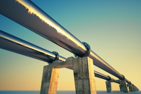 Elevated pipelines at sunset.