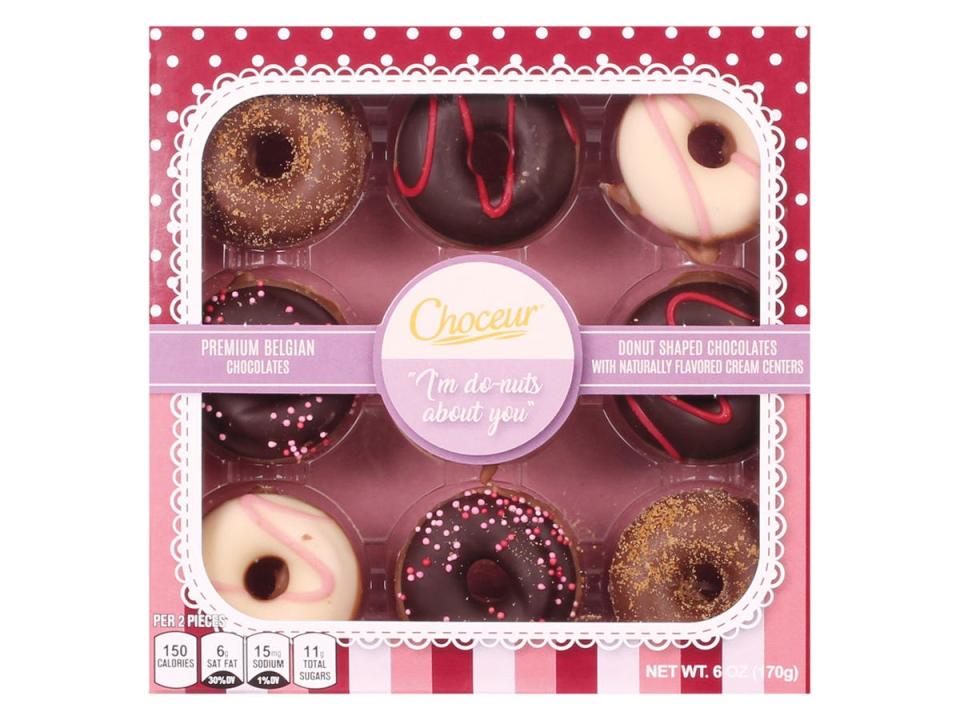 Choceur donut-shaped chocolates in a pink, white, and red striped box