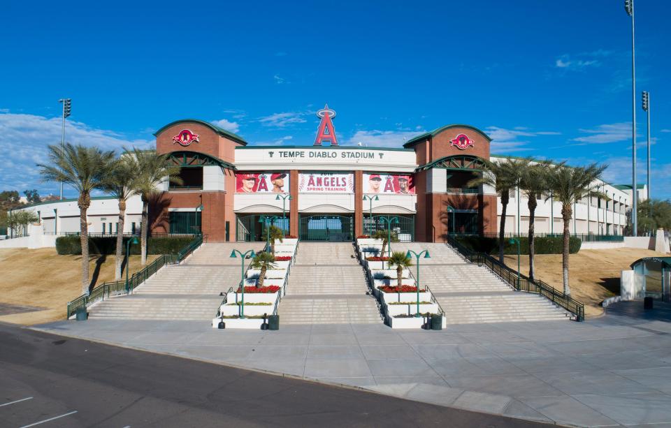 An aerial drone view of Tempe Diablo Stadium, Cactus League home of the Anaheim Angels, in Tempe, Ariz., on Jan. 9, 2019.