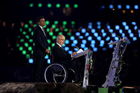 LONDON, ENGLAND - SEPTEMBER 09: President of the IPC Sir Philip Craven MBE addresses the crowd as LOCOG Chairman Lord Sebastian Coe looks on during the closing ceremony on day 11 of the London 2012 Paralympic Games at Olympic Stadium on September 9, 2012 in London, England. (Photo by Peter Macdiarmid/Getty Images)