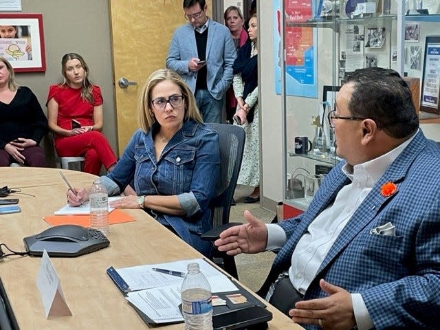 U.S. Sen. Kyrsten Sinema, I-Ariz., talks about the new farm legislation during a Feb. 17 roundtable discussion at St. Mary’s Food Bank in Phoenix.