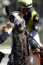 Covfefe is cooled down after winning the Breeders' Cup Filly and Mare Sprint horse race with Joel Rosario aboard at Santa Anita Park, Saturday, Nov. 2, 2019, in Arcadia, Calif.(AP Photo/Gregory Bull)