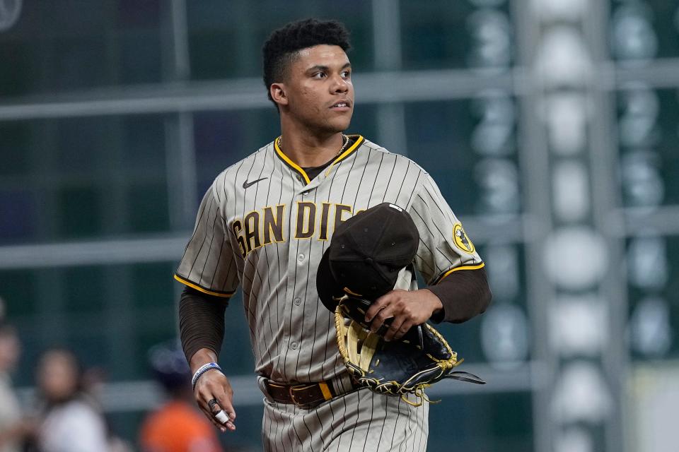 San Diego Padres left fielder Juan Soto before a baseball game against the Houston Astros, Friday, Sept. 8, 2023, in Houston. (AP Photo/Kevin M. Cox)