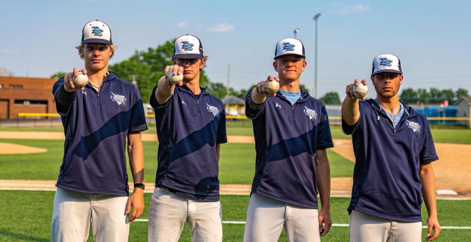 Pictured are Belleville East pitchers, from left, Zander Mueth, Owen Kelly, Dylan Mannino and Ean DiPasquale. The quartet makes up a fearsome staff for the Lancers, who open the IHSA Class 4A postseason Thursday, May 25.