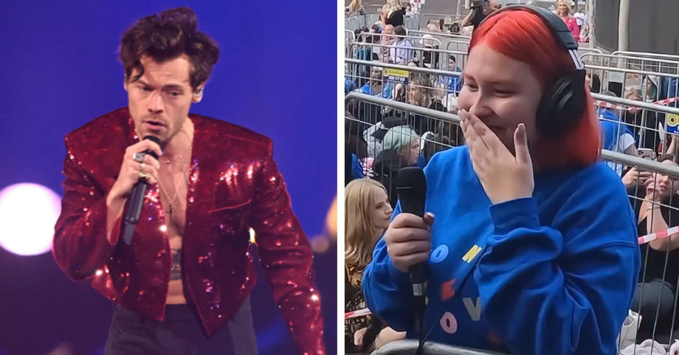 L: harry Styles performing. R: Harry Styles fan Jess in line 