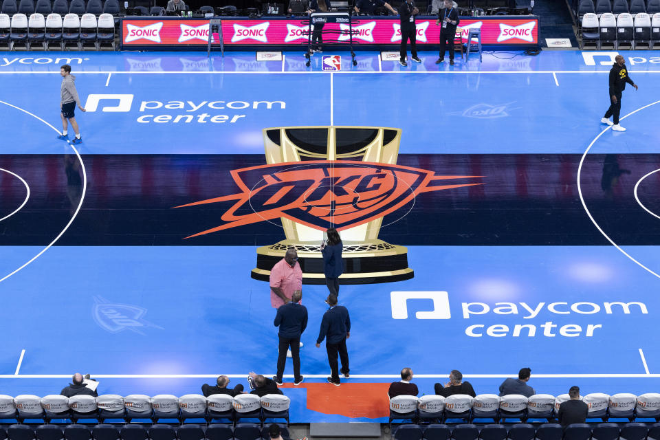 Nov 3, 2023; Oklahoma City, Oklahoma, USA; A view of the tournament court before the game between the Golden State Warriors and Oklahoma City Thunder at Paycom Center. Mandatory Credit: Alonzo Adams-USA TODAY Sports