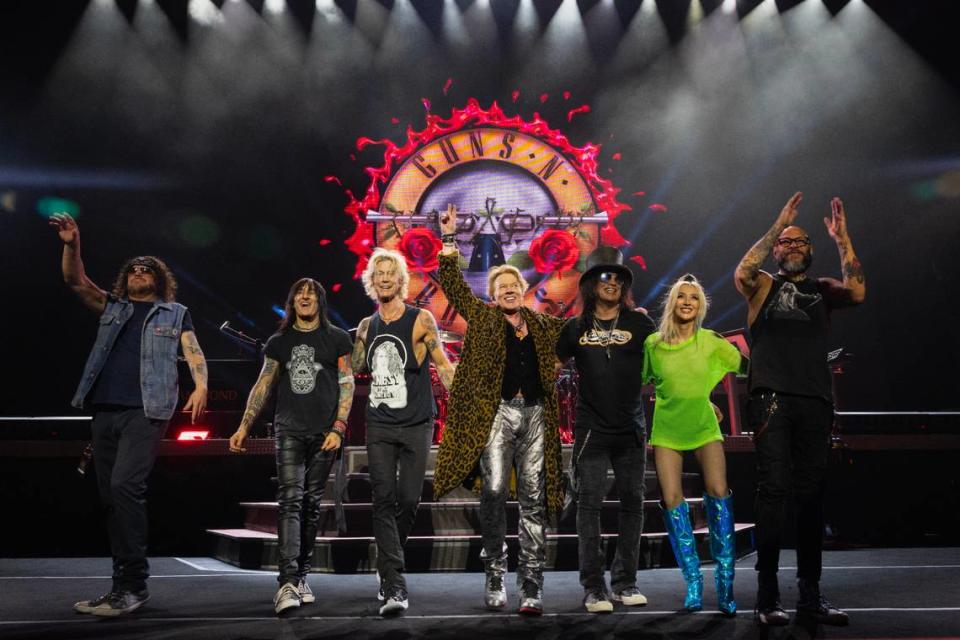 Guns N’ Roses, photographed taking their final bow at Spectrum Center in Charlotte during the rock band’s world tour concert on Tuesday night.