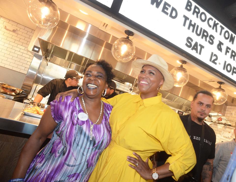 From left, Sharon Baker and U.S. Rep. Ayanna Pressley. Pressley stopped by the Brockton Beer Company to campaign for Rahsaan Hall on Wednesday, Aug. 3, 2022. Hall is a Brockton lawyer who is running unopposed for the Democratic nomination for Plymouth County District Attorney. Longtime incumbent Tim Cruz is running unopposed in the Republican primary.