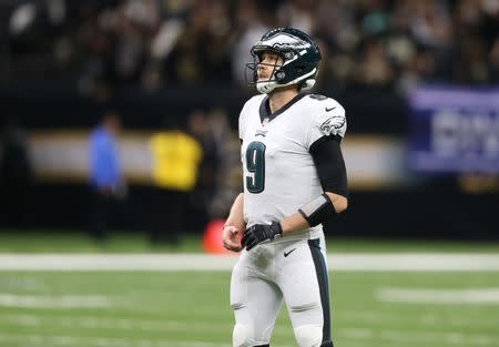 FILE PHOTO: Jan 13, 2019; New Orleans, LA, USA; Philadelphia Eagles quarterback Nick Foles (9) reacts after throwing an interception against the New Orleans Saints during the fourth quarter of a NFC Divisional playoff football game at Mercedes-Benz Superdome. Mandatory Credit: Chuck Cook-USA TODAY Sports