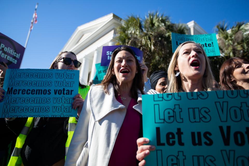Abortion-rights and anti-abortion activists outside the Florida Supreme Court on Wednesday, Feb. 7, 2024.