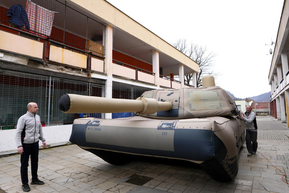 An inflatable decoy of an Abrams tank is presented to media in Decin, Czech Republic, Monday, March 6, 2023. Czech company, Inflatech, has made a wide range of replicas of heavy arms, be it tanks, armoured vehicles, aircraft or artillery, including U.S.-made HIMARS rocket system, the weapons that were among the billions of dollars in Western military aid that has helped Ukraine fight off the Russians since the Feb. 24 invasion. (AP Photo/Petr David Josek)
