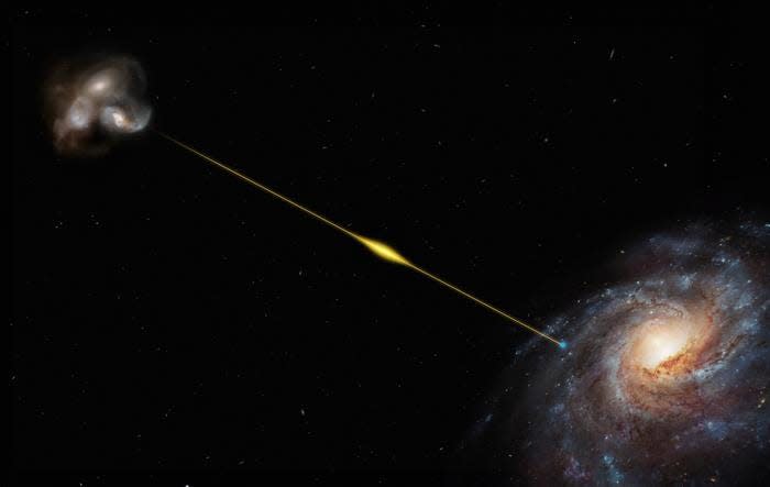 Though not to scale, an artist's impression illustrates the path of the fast radio burst from the distant galaxy where it originated all the way to Earth. It's so far away it took 8 billion years for its light to reach Earth, making it the most distant FRB found to date.