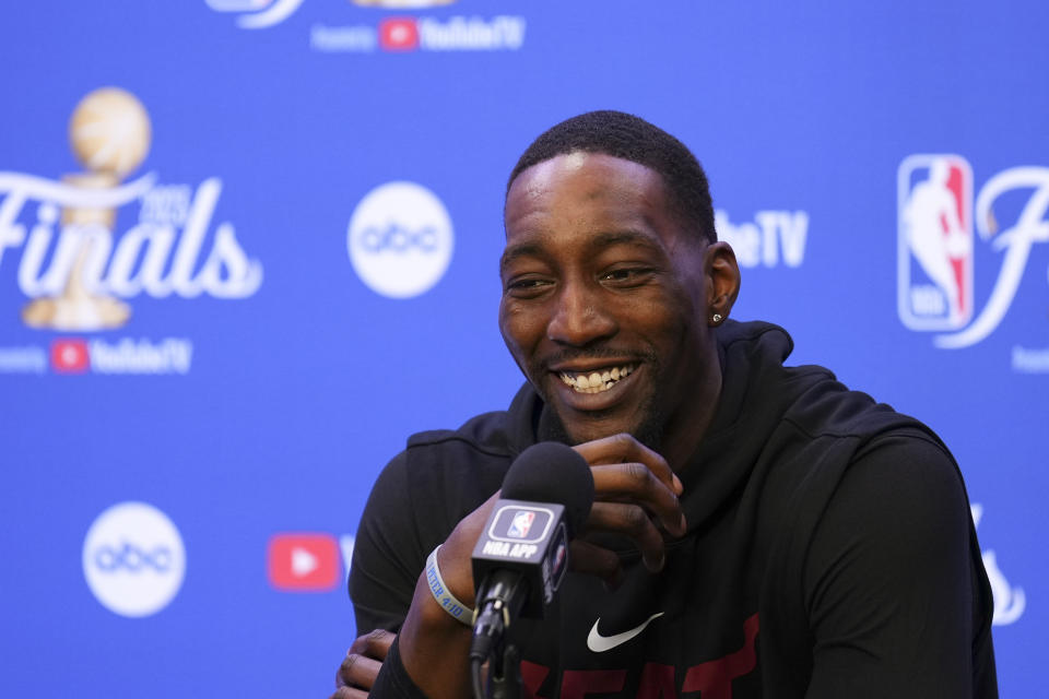 Miami Heat center Bam Adebayo smiles during a news conference, Sunday, June 11, 2023, in Denver. Miami takes on the Denver Nuggets in Game 5 of the NBA Finals on Monday. (AP Photo/Jack Dempsey)