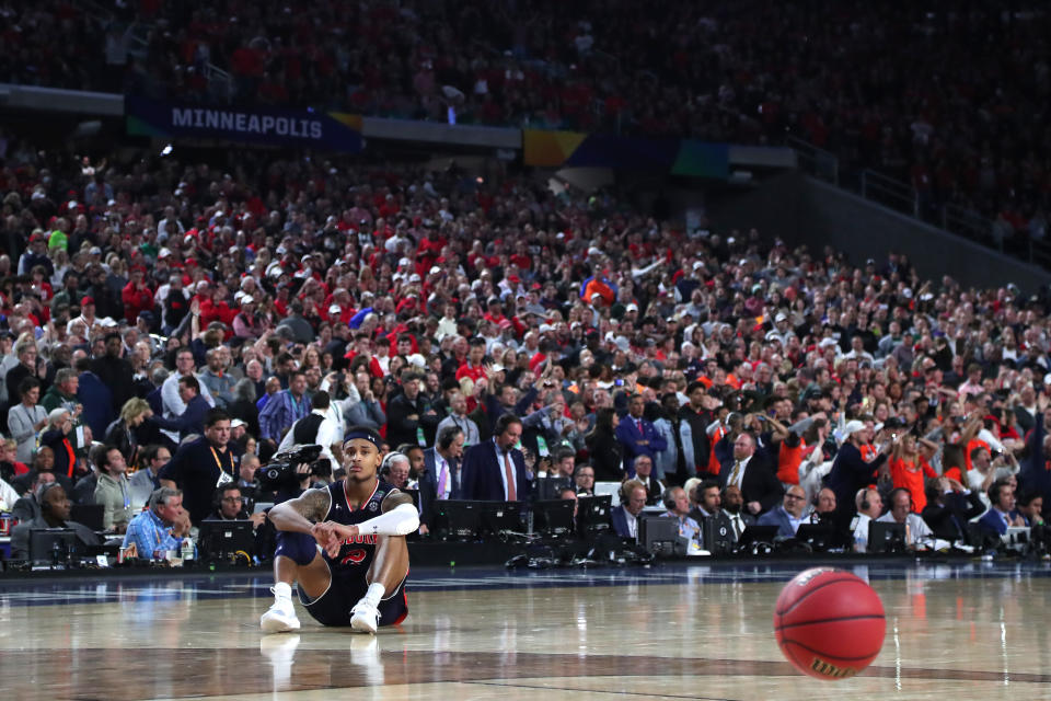 <p>Bryce Brown #2 of the Auburn Tigers reacts after being defeated by the Virginia Cavaliers 63-62 during the 2019 NCAA Final Four semifinal at U.S. Bank Stadium on April 6, 2019 in Minneapolis, Minnesota. (Photo by Tom Pennington/Getty Images) </p>