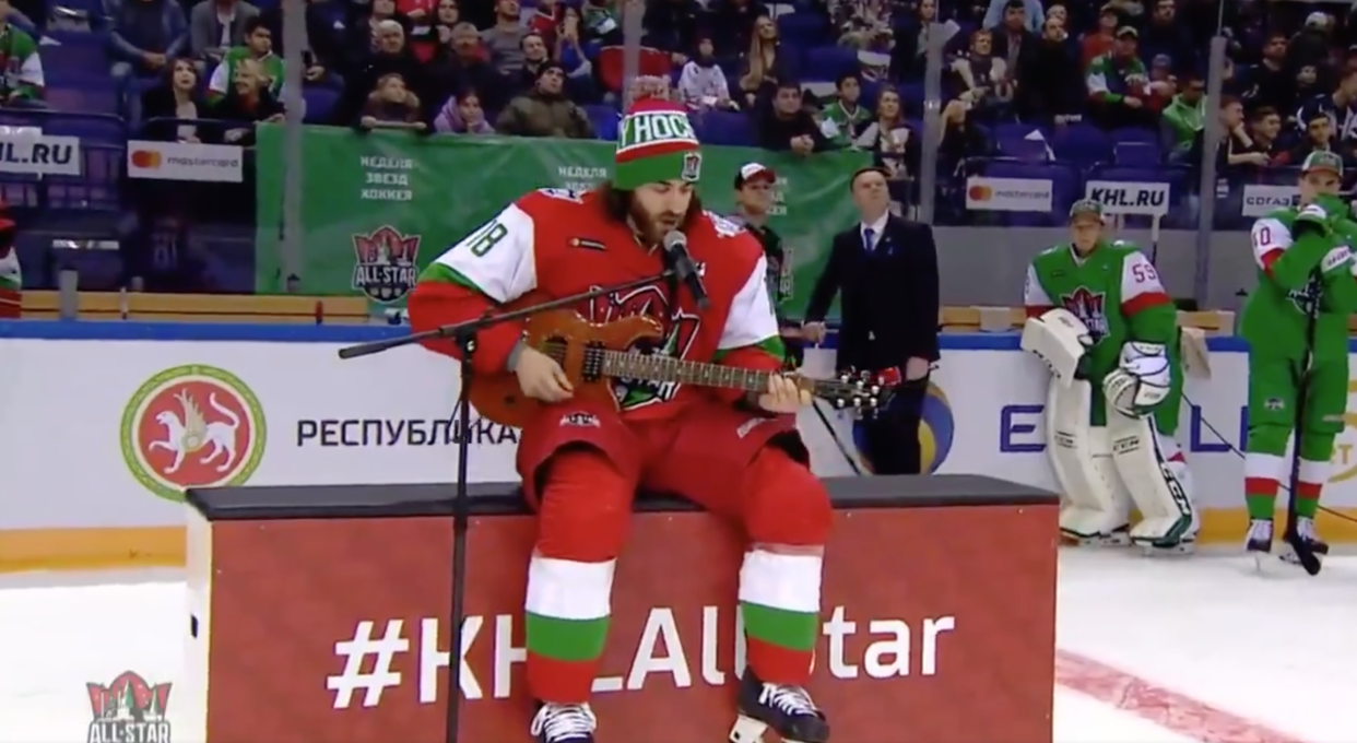 Mathew Maione absolutely brought the house down with his performance at the KHL All-Star game. (Twitter // aj_ranger)