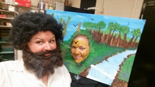 A person with a beard and a person dressed as a painting