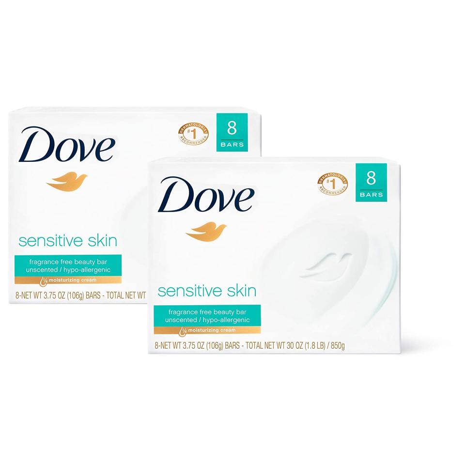 Two packages of Dove Beauty Bars, best soaps for sensitive skin