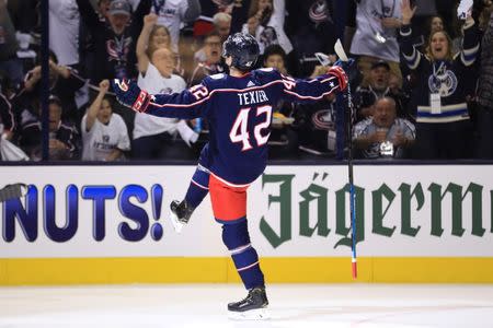 Apr 16, 2019; Columbus, OH, USA; Columbus Blue Jackets center Alexandre Texier (42) celebrates scoring a goal against the Tampa Bay Lightning in the first period during game four of the first round of the 2019 Stanley Cup Playoffs at Nationwide Arena. Mandatory Credit: Aaron Doster-USA TODAY Sports