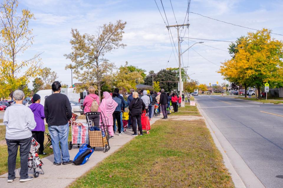 The lineup at a Mississauga Food Banks pop-up food bank. They saw food bank use that was 82 per cent higher than pre-pandemic levels during the past fiscal year. (Submitted by Food Banks Mississauga)