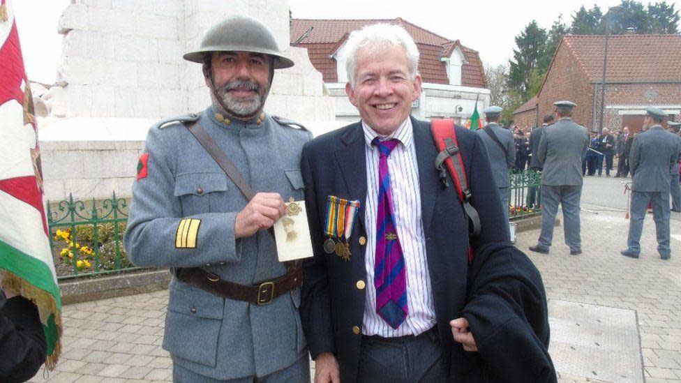 Dr John with a person in Portuguese military uniform at the site of the Battle of the Lys