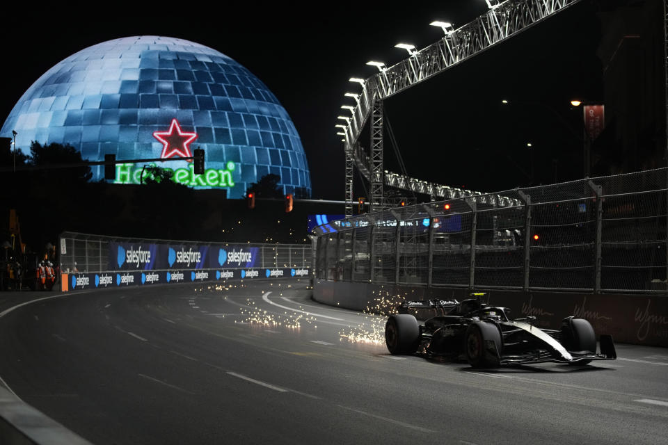 Alfa Romeo driver Guanyu Zhou, of China, drives during the final practice session for the Formula One Las Vegas Grand Prix auto race, Friday, Nov. 17, 2023, in Las Vegas. (AP Photo/John Locher)