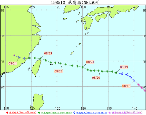 中颱尼爾森形成後在那霸島南方向西北西進行，曾在台北颳起14級陣風，造成北台灣4人死亡。   圖：翻攝自全球災害事件簿