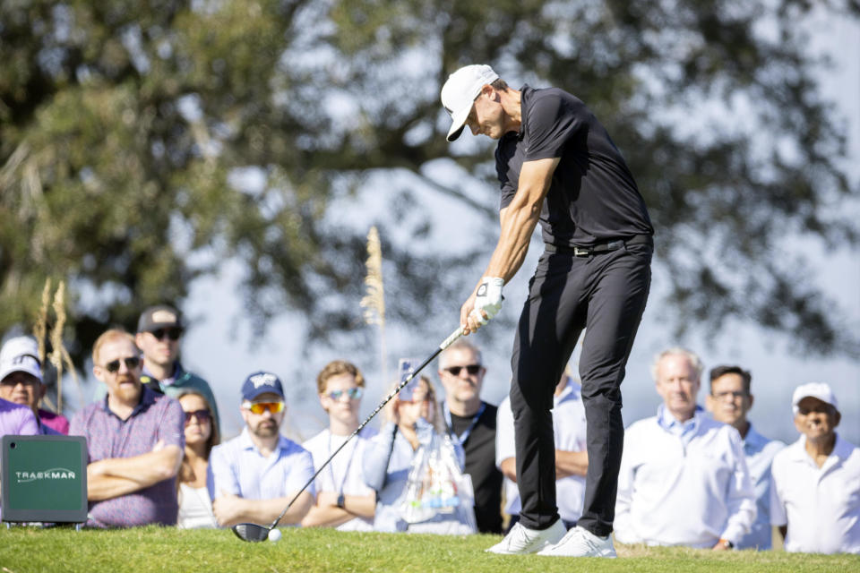 Ludvid Aberg, of Sweden, hits off the seventh tee during the final round of the RSM Classic golf tournament, Sunday, Nov. 19, 2023, in St. Simons Island, Ga. (AP Photo/Stephen B. Morton)