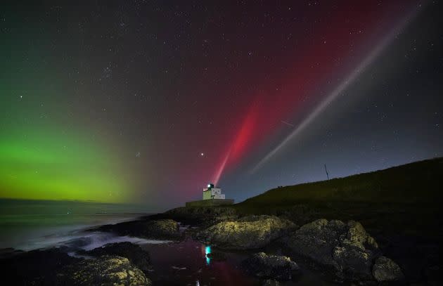 The aurora borealis (left) alongside a strong thermal emission velocity enhancement, a rare aurora-like phenomenon named 