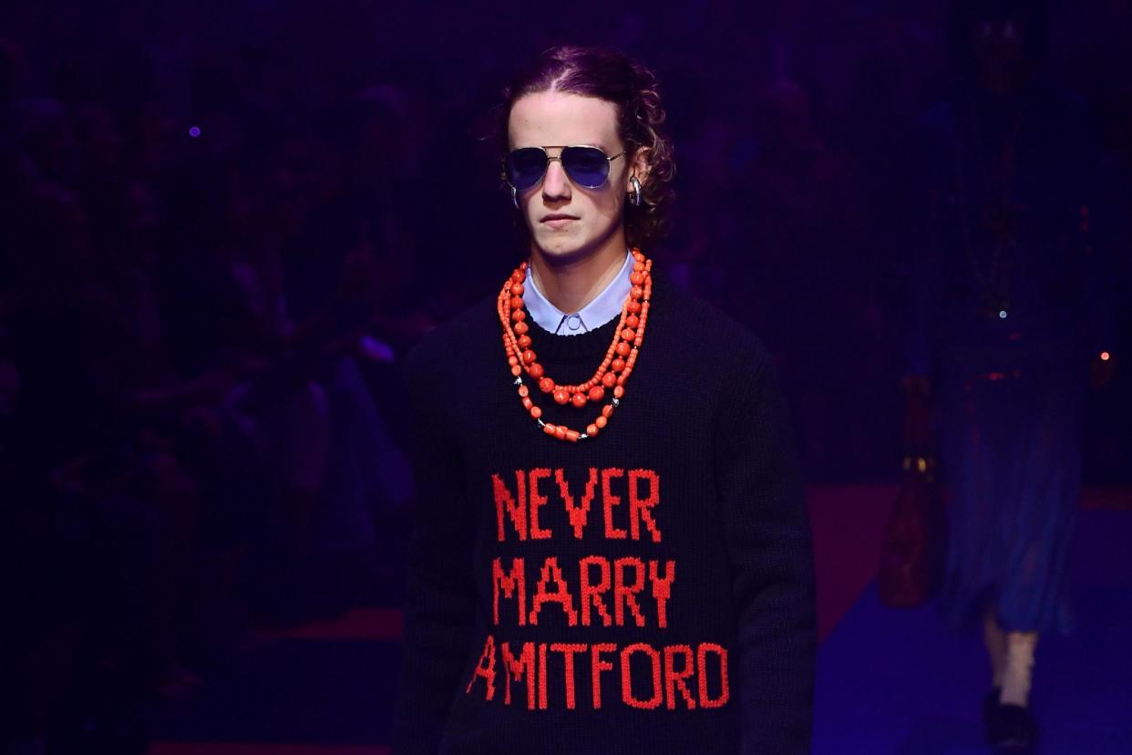 Wearing your heart on your chest: The Mitford-themed Gucci knitwear (Getty): AFP/Getty Images