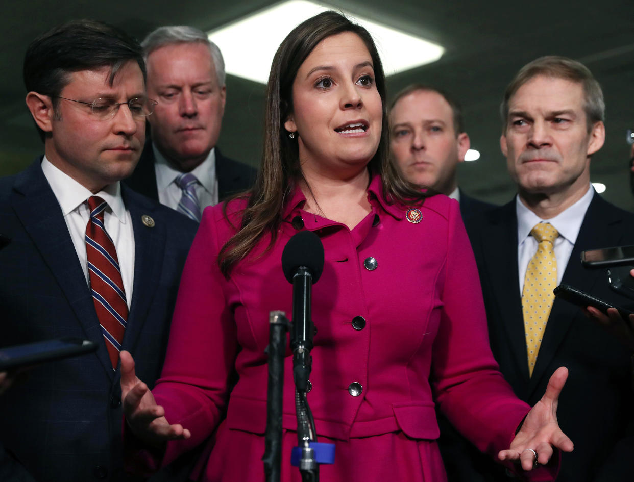 Rep. Elise Stefanik speaks with reporters in the Senate subway before the impeachment trial of former President Donald Trump resumes at the U.S. Capitol on January 23, 2020. Surrounding Stefanik, from left to right: Rep. Mike Johnson (R-LA), Rep. Mark Meadows (R-NC), Rep. Lee Zeldin (R-NY), and Rep. Jim Jordan (R-OH).