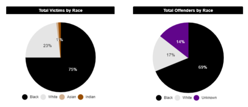 Two pie charts depicting race demographics for both victims and offenders in homicides between 2015 and 2020.