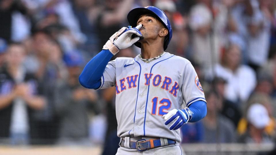 Jul 7, 2023; San Diego, California, USA; New York Mets shortstop Francisco Lindor (12) celebrates after hitting a home run against the San Diego Padres during the third inning at Petco Park.
