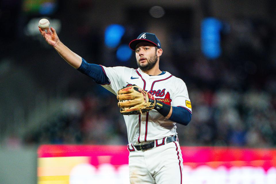 ATLANTA, GA - APRIL 23: David Fletcher #22 of Atlanta Braves makes a throw to first during the seventh inning against the Miami Marlins at Truist Park on April 23, 2024 in Atlanta, Georgia. (Photo by Kevin D. Liles/Atlanta Braves/Getty Images)