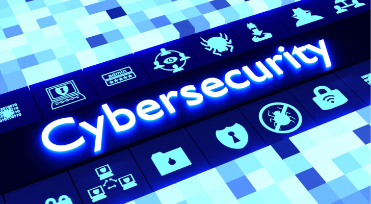 An image of the word cybersecurity overlaid over a pixelated background, images of locks and shields and virus icons surrounding it