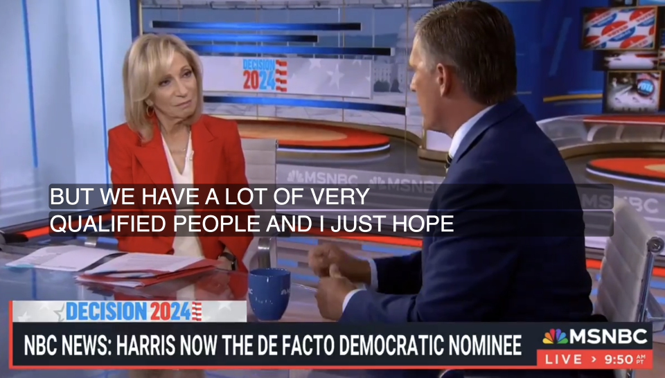 Andrea Mitchell and an unidentified interviewer discuss Democratic presidential nominee on MSNBC. The screen text reads: "But we have a lot of very qualified people and I just hope"