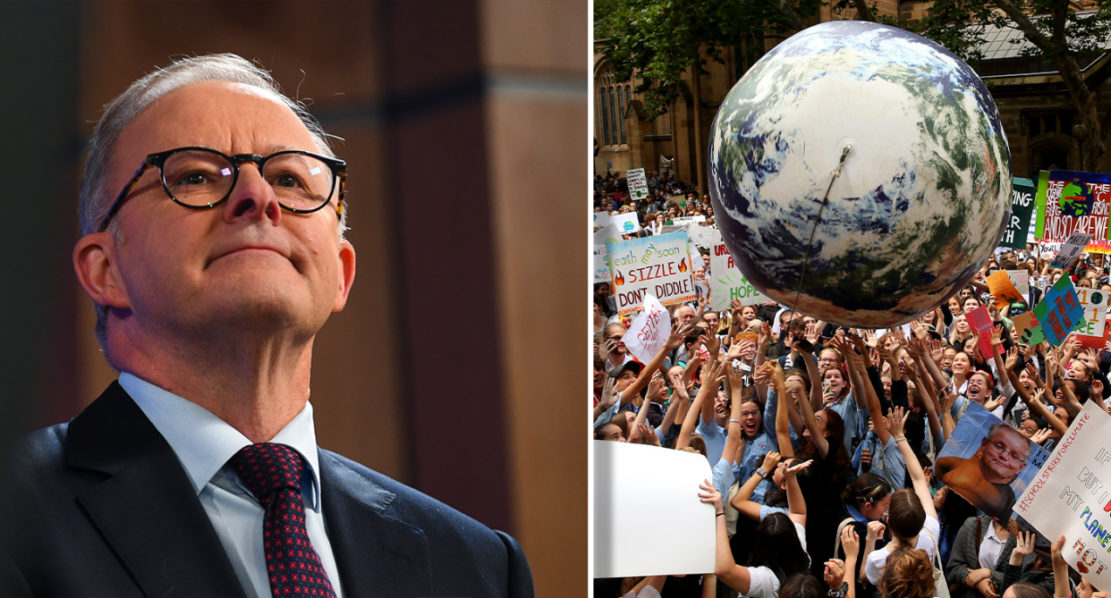 Left - Anthony Albanese. Right - a globe at a protest.