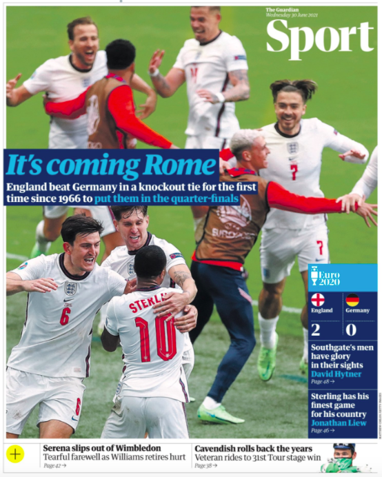 A pun for The Guardian's back page as it says 'It's coming Rome', a reference to England's next match on Saturday against Ukraine, which will take place in the Italian city