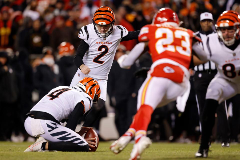 KANSAS CITY, MISSOURI - JANUARY 29: Evan McPherson #2 of the Cincinnati Bengals kicks a field goal against the Kansas City Chiefs during the second quarter in the AFC Championship Game at GEHA Field at Arrowhead Stadium on January 29, 2023 in Kansas City, Missouri. (Photo by David Eulitt/Getty Images)