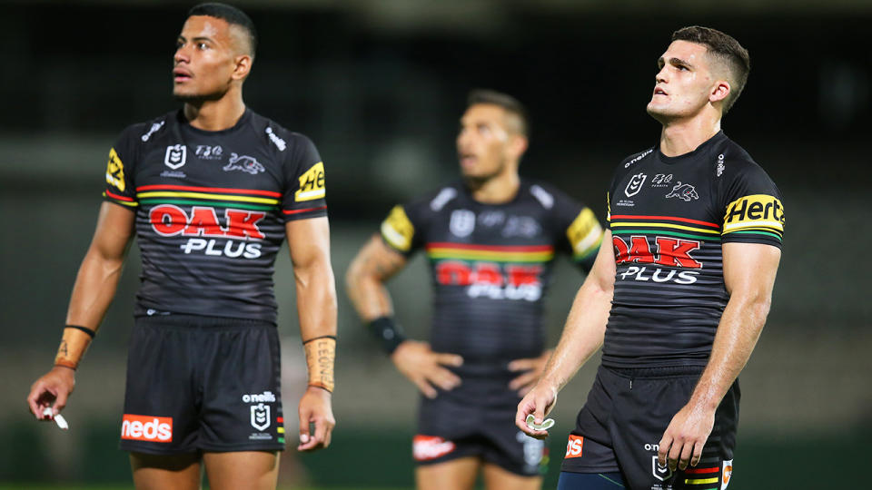 Penrith Panthers players, pictured here during their round 2 clash with St George Illawarra.