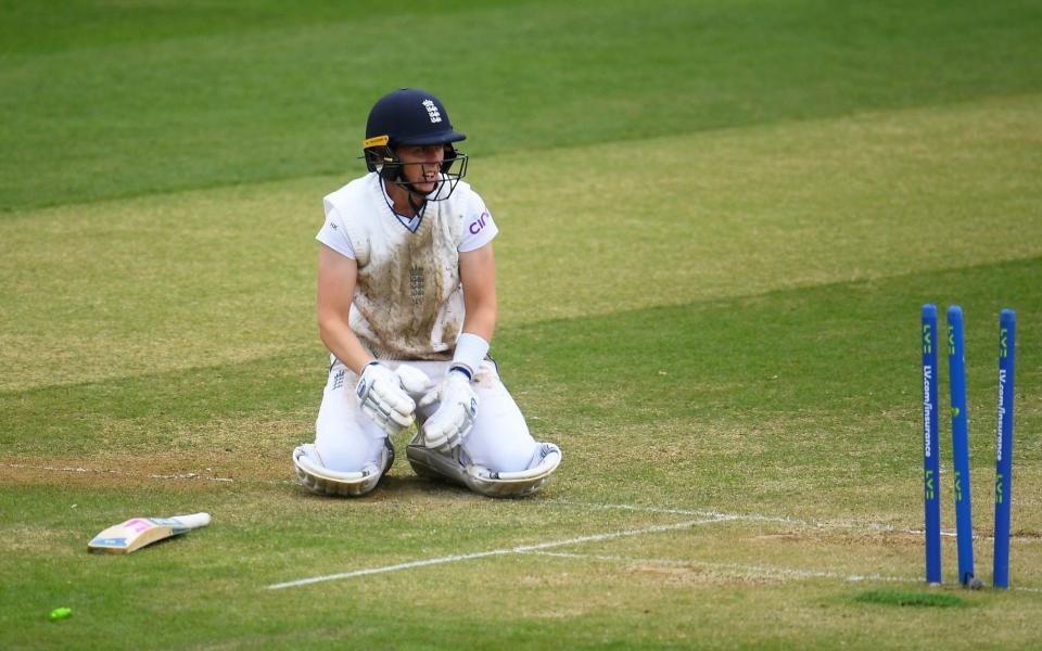 Heather Knight of England reacts after being run out during Day Two of the First Test Match between England Women and South Africa Women at The Cooper Associates County Ground on June 28, 2022 in Taunton, England. - GETTY IMAGES