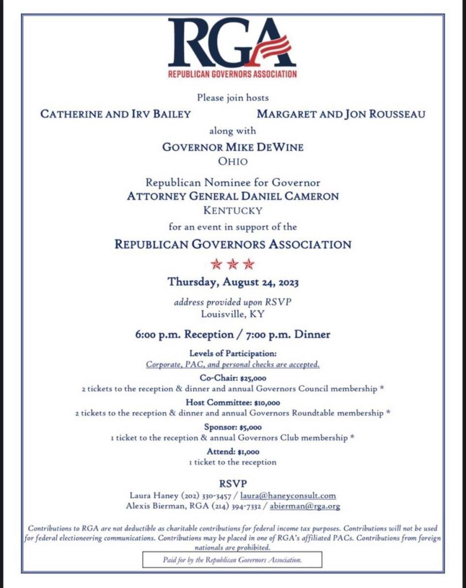 A copy of an invite to an RGA fundraiser co-hosted by Jon Rousseau, CEO of BrightSpring Health, a company owned by a hedge fund currently being sued by Cameron’s office.