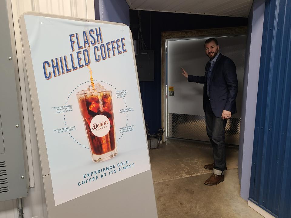 Denim Coffee co-owner Matt Ramsay prepares to enter the flash-chilling room at Denim's headquarters in Chambersburg.