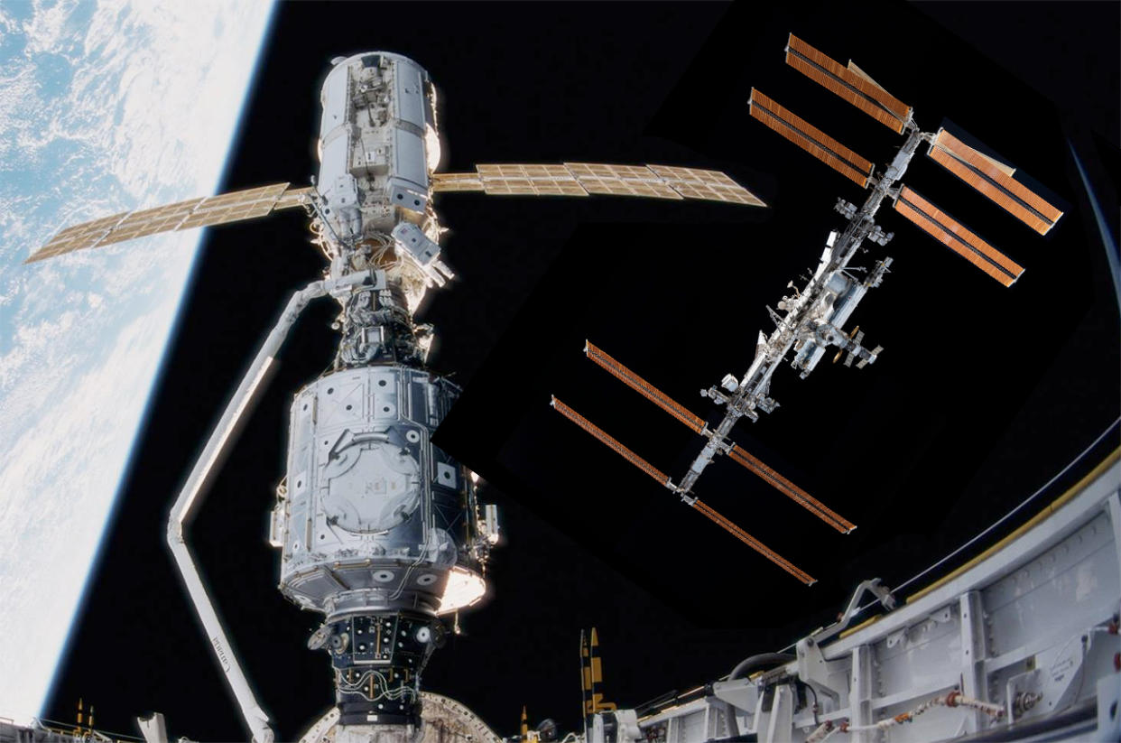  The International Space Station seen twice, 25 years apart. The image on the left shows the structure in 1998, consisting of just two modules; at right is the modern, fully built station,. 