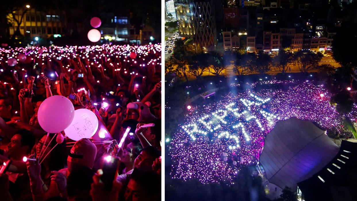 Composite image of Pink Dot participants and an overhead shot of the event. (PHOTOS: Reuters)