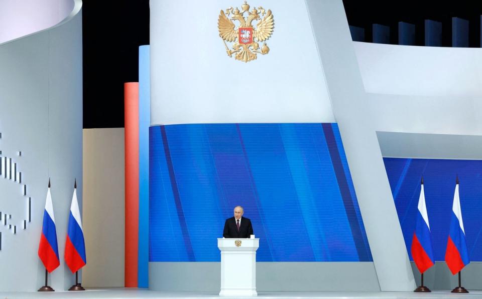 Putin delivers his annual state of the nation address at the Gostiny Dvor conference centre in central Moscow (POOL/AFP via Getty Images)