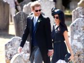 <p>Harry and Meghan arrive at the wedding of Harry's old friend, Charlie Van Straubenzee. </p>